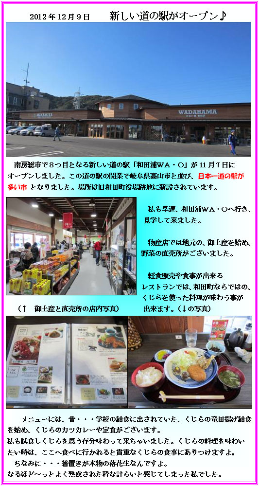 
2012年12月9日　新しい道の駅がオープン♪
　南房総市で８つ目となる新しい道の駅「和田浦ＷＡ・Ｏ」が11月7日にオープンしました。この道の駅の開業で岐阜県高山市と並び、日本一道の駅が多い市となりました。場所は旧和田町役場跡地に新設されています。

（↑御土産と直売所の店内写真）
私も早速、和田浦ＷＡ・Ｏへ行き、見学して来ました。物産店では地元の、御土産を始め、野菜の直売所がございました。

　軽食販売や食事が出来るレストランでは、和田町ならではの、くじらを使った料理が味わう事が出来ます。（↓の写真）

　メニューには、昔・・・学校の給食に出されていた、くじらの竜田揚げ給食を始め、くじらのカツカレーや定食がございます。
私も試食しくじらを思う存分味わって来ちゃいました。くじらの料理を味わいたい時は、ここへ食べに行かれると貴重なくじらの食事にありつけますよ。ちなみに・・・箸置きが本物の落花生なんですよ。なるほど～っとよく熟慮された粋な計らいと感じてしまった私でした。
