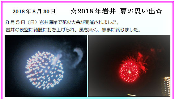 
2018年8月30日　　☆2018年岩井 夏の思い出☆
8月5日（日）岩井海岸で花火大会が開催されました。
岩井の夜空に綺麗に打ち上げられ、風も無く、無事に終りました。